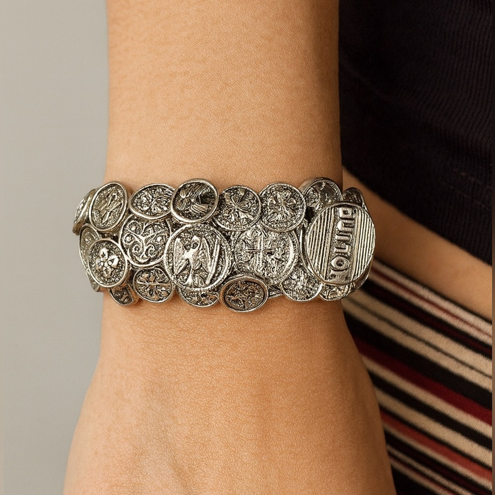 Vintage Antique Silver Button Stretch Bracelet